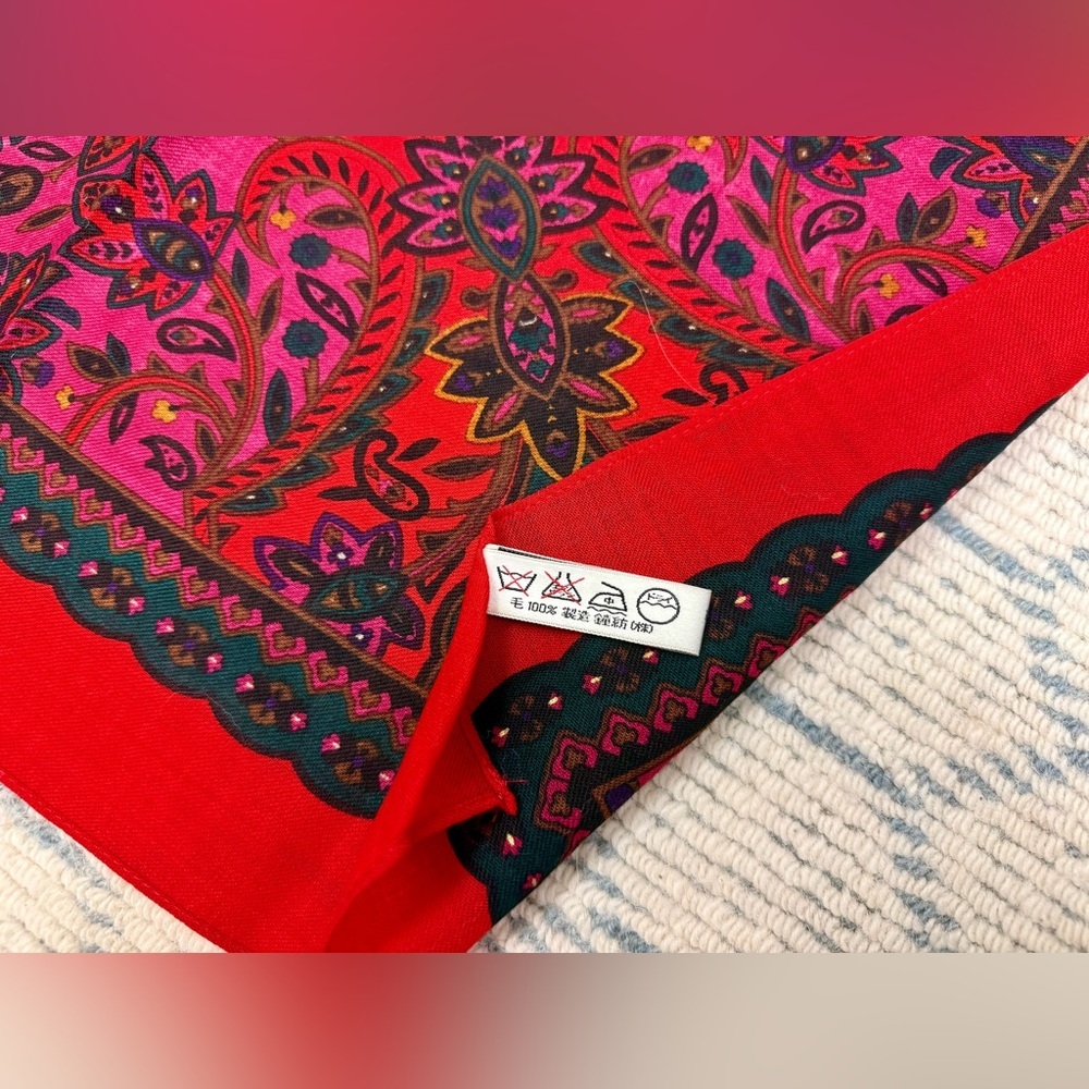 CHRISTIAN DIOR Vintage Rare Red Paisley Floral Retro 100% Wool Square Scarf - Picture 13 of 14